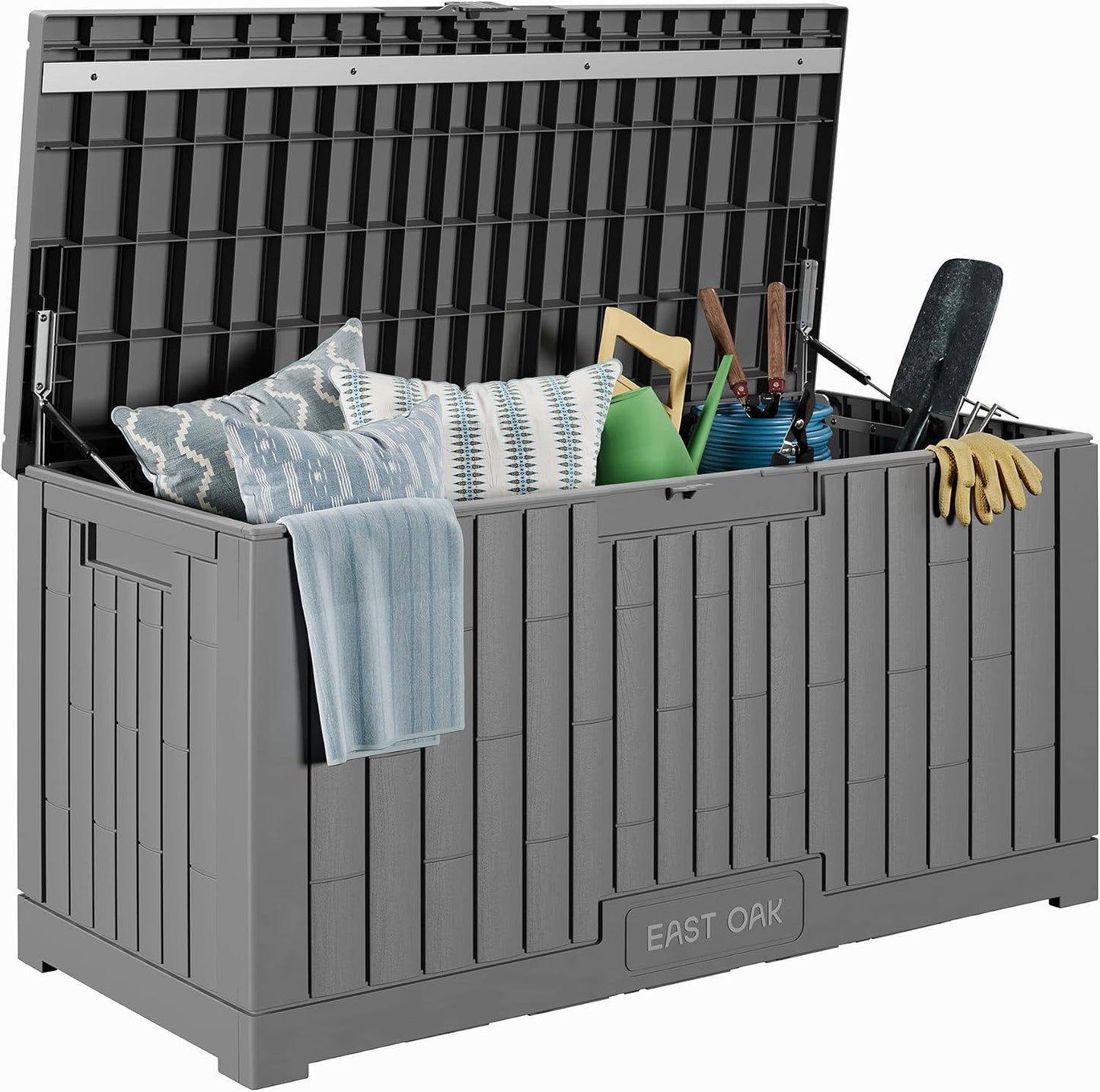 EAST OAK Outdoor Storage Box, 31 Gallon Deck Box Indoor and Outdoor Use, Waterproof Resin Storage Bin for Package Delivery, Patio Cushions, Gardening Tools, Lockable, UV Resistant, Grey