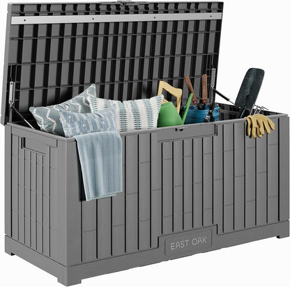 EAST OAK Outdoor Storage Box, 31 Gallon Deck Box Indoor and Outdoor Use, Waterproof Resin Storage Bin for Package Delivery, Patio Cushions, Gardening Tools, Lockable, UV Resistant, Grey