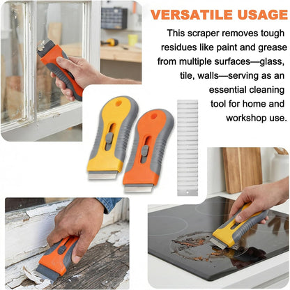 Razor Blade Scraper 2 Pack with 20 Replacement Blades, Retractable Safety Lock Glass Scraper Tool for Removing Stickers Labels Paint Adhesive from Windows Cooktop Stove Oven Door Tile, Handheld Tools