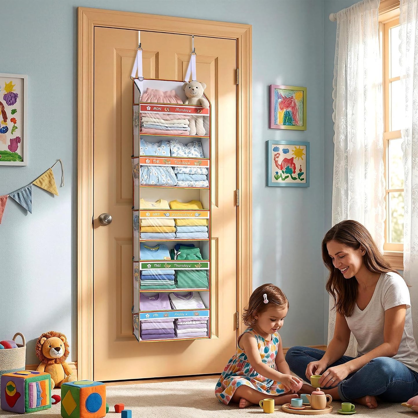 5 Tiers Ultra-thin Over Door Organizer with 10 Mesh Side Pockets, 44 lbs Weight Capacity Hanging Storage Organizer with Clear Window Kids Toys, Shoes, Diapers, White & Grey