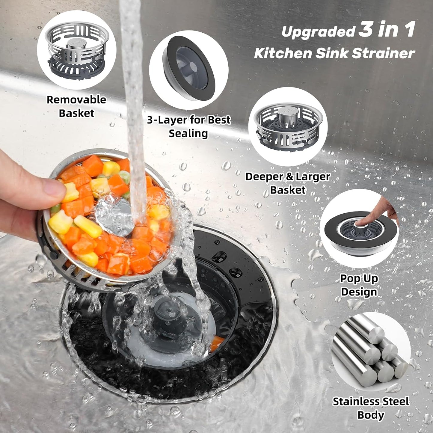 Hibbent Upgraded 3 in 1 Kitchen Sink Drain Strainer, Stainless Steel Pop Up Sink Stopper, Larger Anti-Clogging Basket, 3-Layer Seal, Detachable Drain Plug for US Standard 3-1/2" Drain, Brushed Nickel
