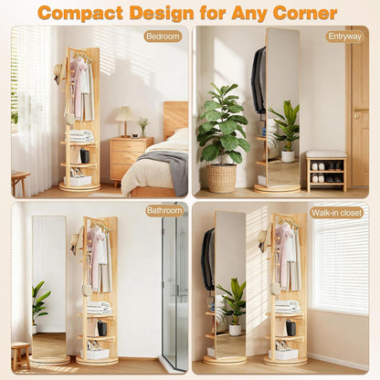 Full Length Mirror with Coat Rack & Storage, 360° Rotating Solid Wood Standing Floor Mirror with Shelves for Bedroom, Entryway, Dressing Room (Natural Wood, 66" x 18")