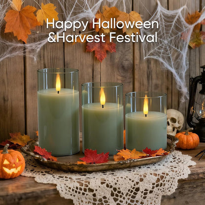 5plots Glass Battery Operated White Flameless Candles with Remote Timer, 3D Wick Real Wax Pillar Led Candles Warm Flickering Light for Indoor Home, Halloween, Christmas Decor, Set of 3, D3 x H4 5" 6"