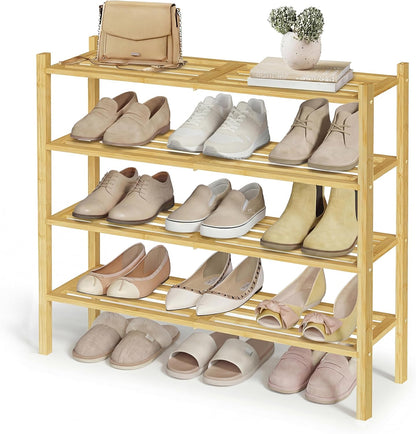 SONGMICS Bamboo Shoe Rack for Closet, Stackable Shoe Oragnizer with Modular Structure, Space-Saving Free Standing Shelf for Entryway Bedroom, 2-Tier, Holds 9-12 Pairs, Natural Color ULBS052YL01