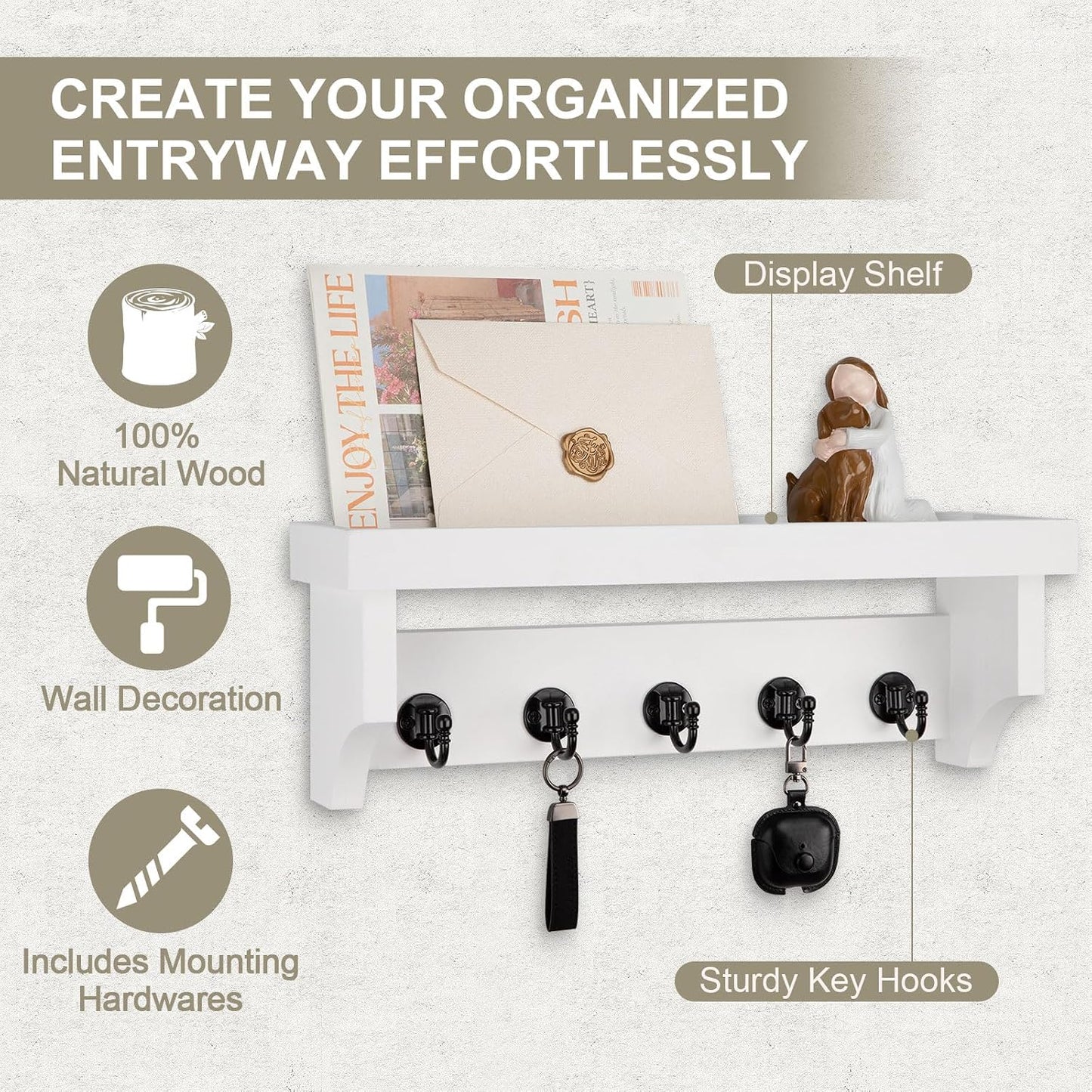 Key and Mail Holder Wall Mount, Key Holder with Shelf and Mail Organizer Wall Mount. Mail Holder with 5 Hooks for Coat, Dog Leash, Home Decor Rack, Entry Way Organizer (White)