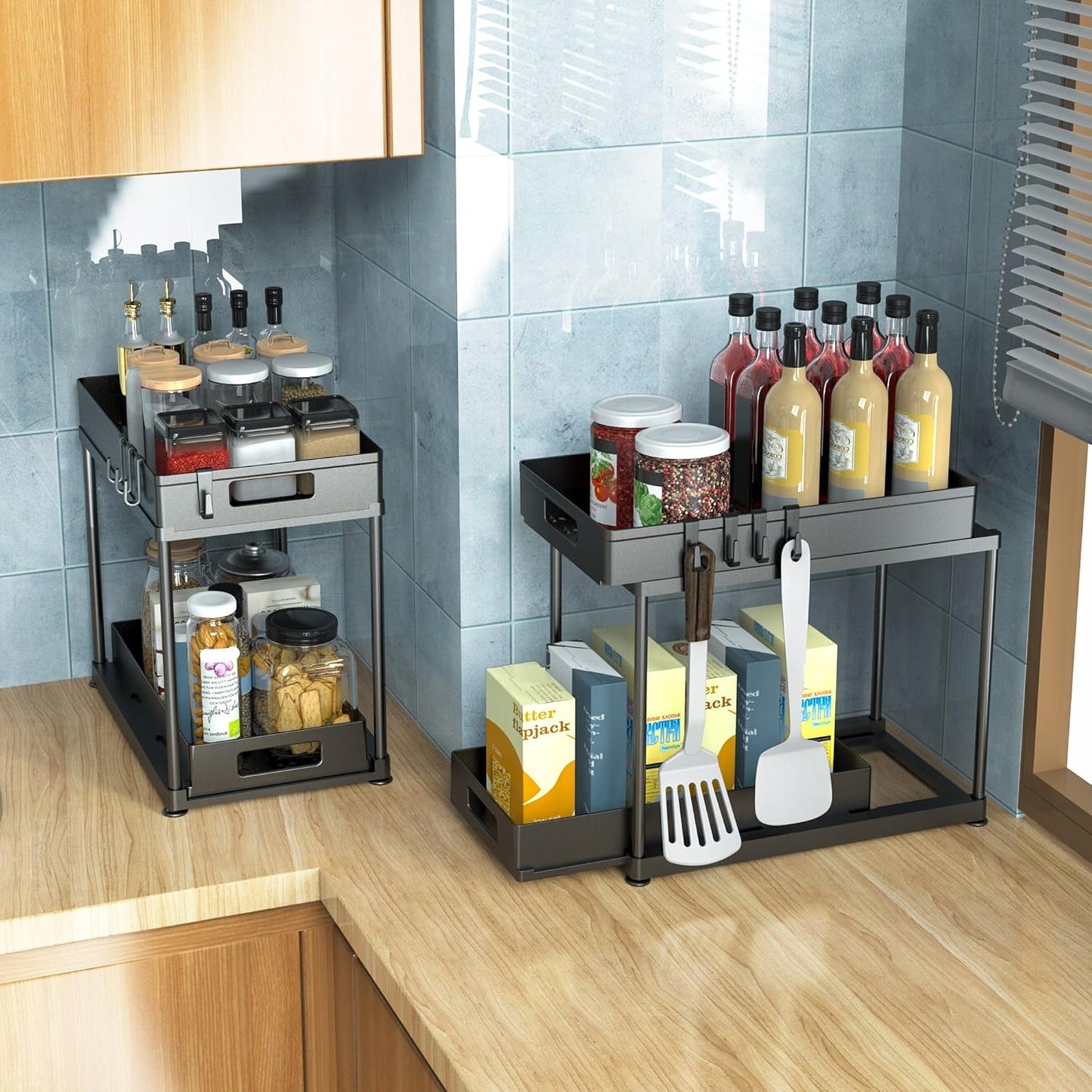 2 Pack Under Sink Organizer with Pull-Out Drawer, Black | 2-Tier Cabinet Storage, Kitchen & Bathroom, Tool-Free Assembly, Fits Cleaning Supplies & Toiletries, Space Saving