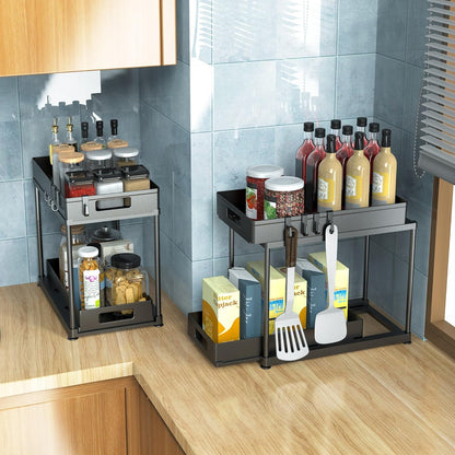 2 Pack Under Sink Organizer with Pull-Out Drawer, Black | 2-Tier Cabinet Storage, Kitchen & Bathroom, Tool-Free Assembly, Fits Cleaning Supplies & Toiletries, Space Saving