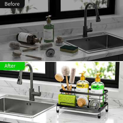 Cisily Stainless Steel Sponge Holder for Kitchen, Sink Caddy Sink Organizer Rack for Kitchen Accessories with Drip Tray, Rustproof and Non-slip, Dish Soap Dispenser Countertop Organizer