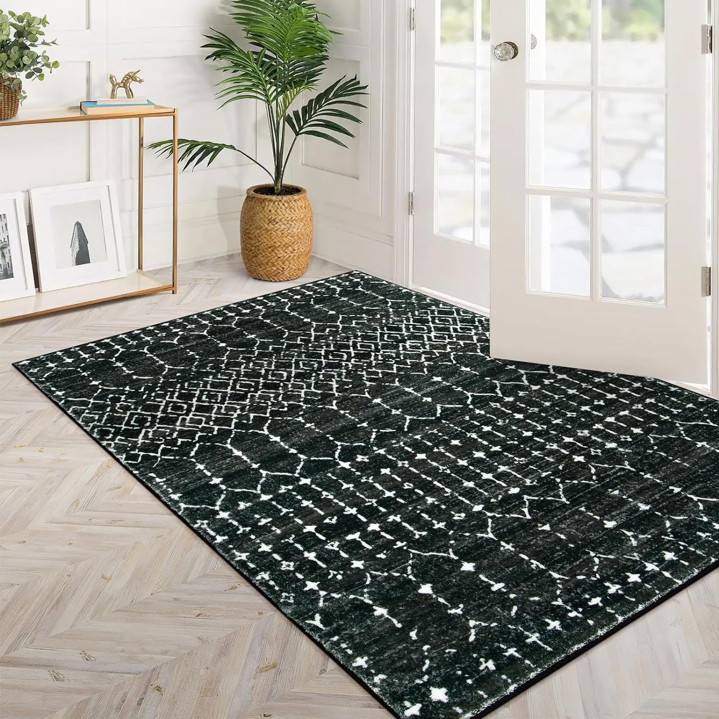 Lahome Moroccan Entry Rug 2x3, Non-Slip Washable Front Indoor Door Mat Rubber Backing Low-Profile Door Rugs, Small Geometric Print Distressed for Entryway Bathroom Kitchen, Black Hana