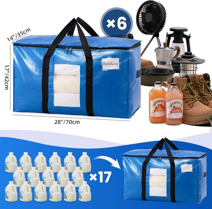TAILI Extra Large Moving Bags, 4 Pack Blue Heavy Duty Totes For Storage with Visible Window, Wrap Around Handles, Storage Bags for Space Saving, Alternative to Moving Boxes