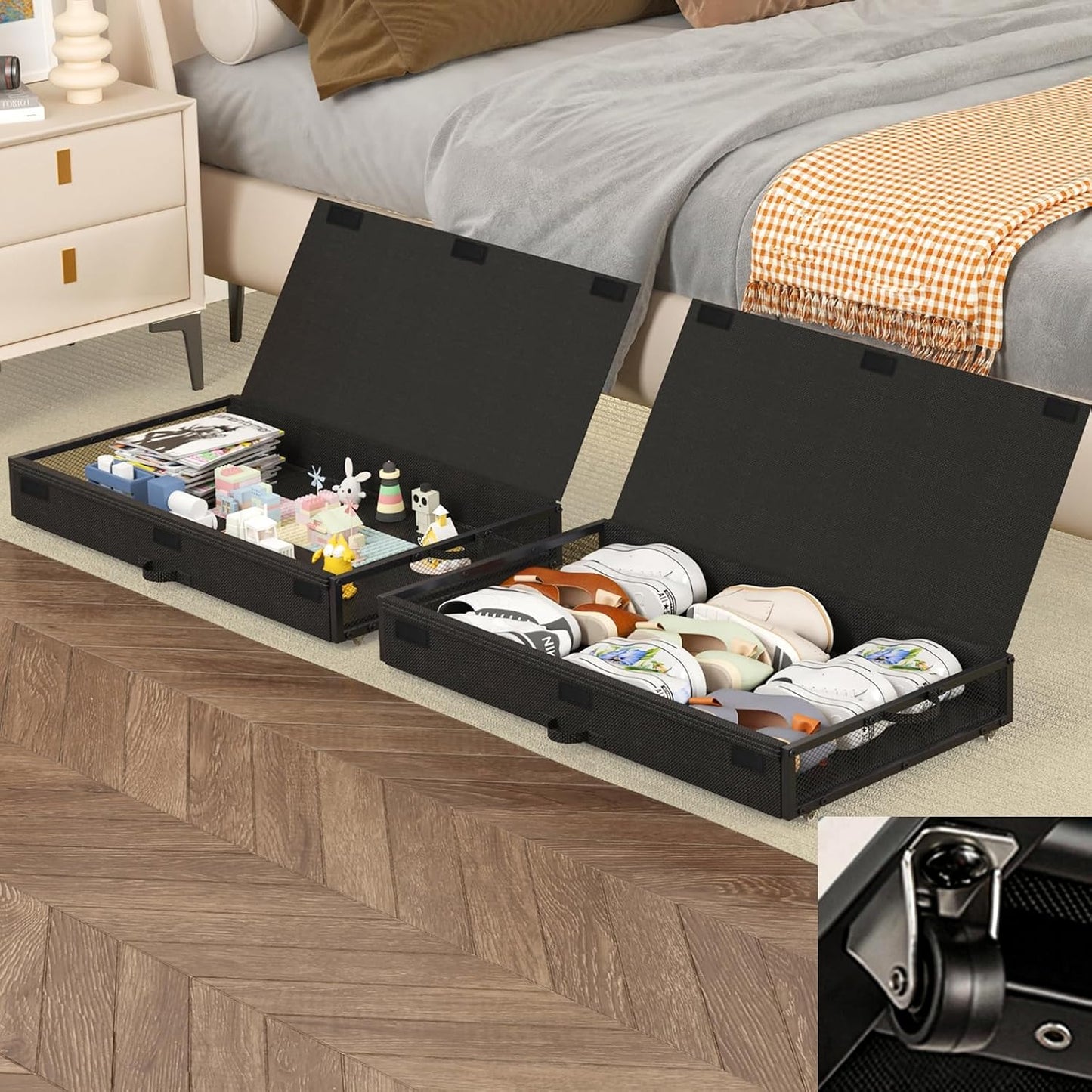 2 Pack Under the Bed Storage Containers,10 inch Height Under Bed Shoe Storage,31inch Long Underbed Storage with Wheels,Large Rolling under bed Clothes Storage Drawers with Lid for Dorm Tall ,Black