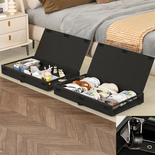 2 Pack Under the Bed Storage Containers,10 inch Height Under Bed Shoe Storage,31inch Long Underbed Storage with Wheels,Large Rolling under bed Clothes Storage Drawers with Lid for Dorm Tall ,Black