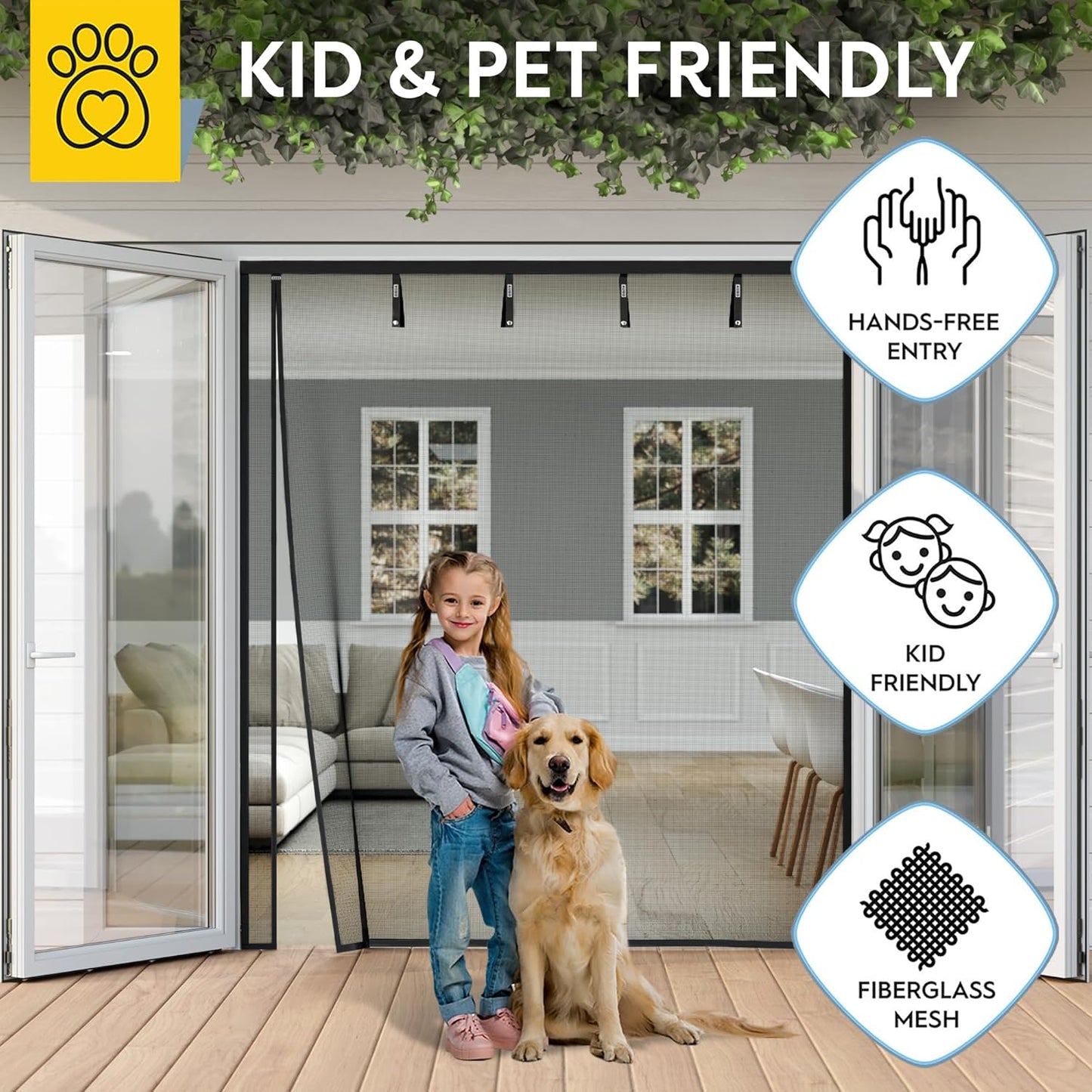 AUGO Heavy Duty Magnetic Screen Door – Fiberglass Pet Resistant Mesh, Self Sealing Hands Free Magnetic Closure, Tear Resistant Door Screen Keeps Bugs Out, Patent Pending Keep Open Feature – 38” x 83”