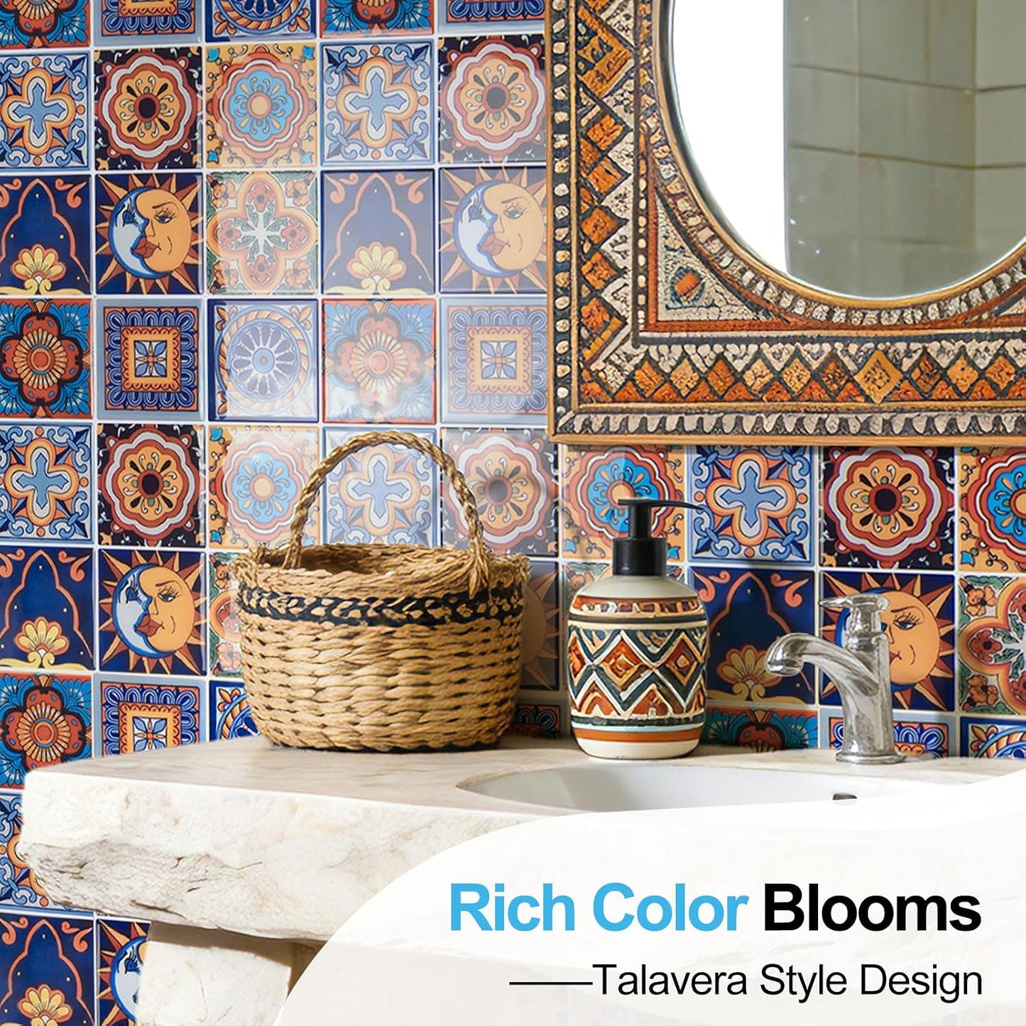 Art3d Talavera Hand-painted Waterproof Peel and Stick Backsplash Tile for Kitchen & Living Room, Sun & Moon Floral Design - 10-Pack of 12 x 12 Inch