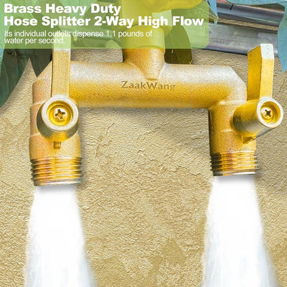 Heavy Duty Brass 2-Way Garden Hose Splitter, 3/4" GHT Threads, Metal Shutoff Valve, Long Handle