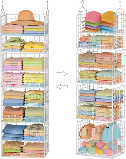 Yuyetuyo 5 Tier Closet Hanging Organizer and Storage Separable Hanging Closet Shelves with 4 Hooks 2 Adjustable Dividers, Wire Storage Basket Bins for Clothing Sweaters Socks Dolls Handbags, Foldable