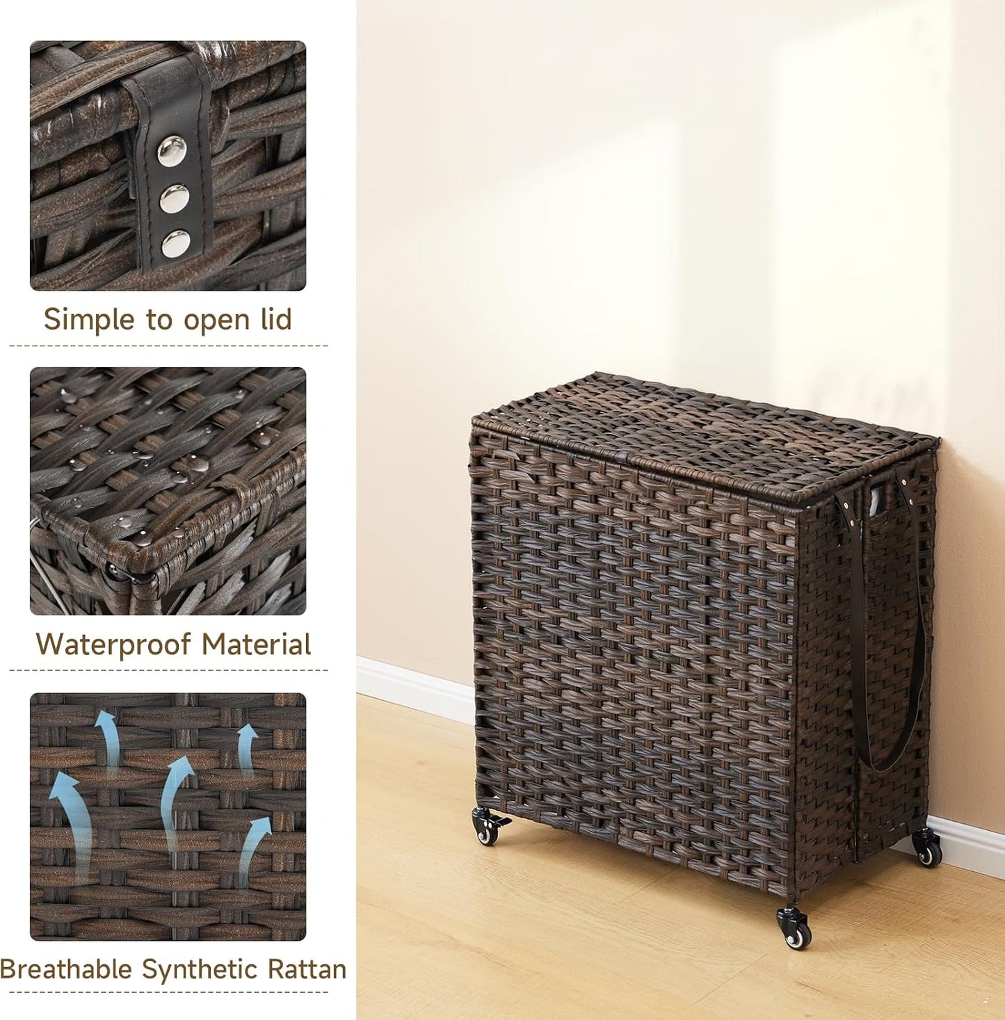 Laundry Hamper with Wheels, 52.8 Gallon(200L) Rolling Laundry Basket with Lid, Removable Large 3 Color Liners & 3 Mesh Laundry Bags, Clothes Hamper with Side Pocket, Natural