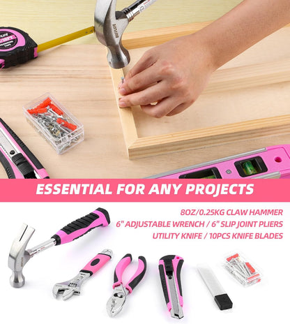 Pink Tool Set -131 Piece Pink Tool sets for WomenGeneral Household Hand Tool Kit with Plastic Tool Box Storage Case(Pink)
