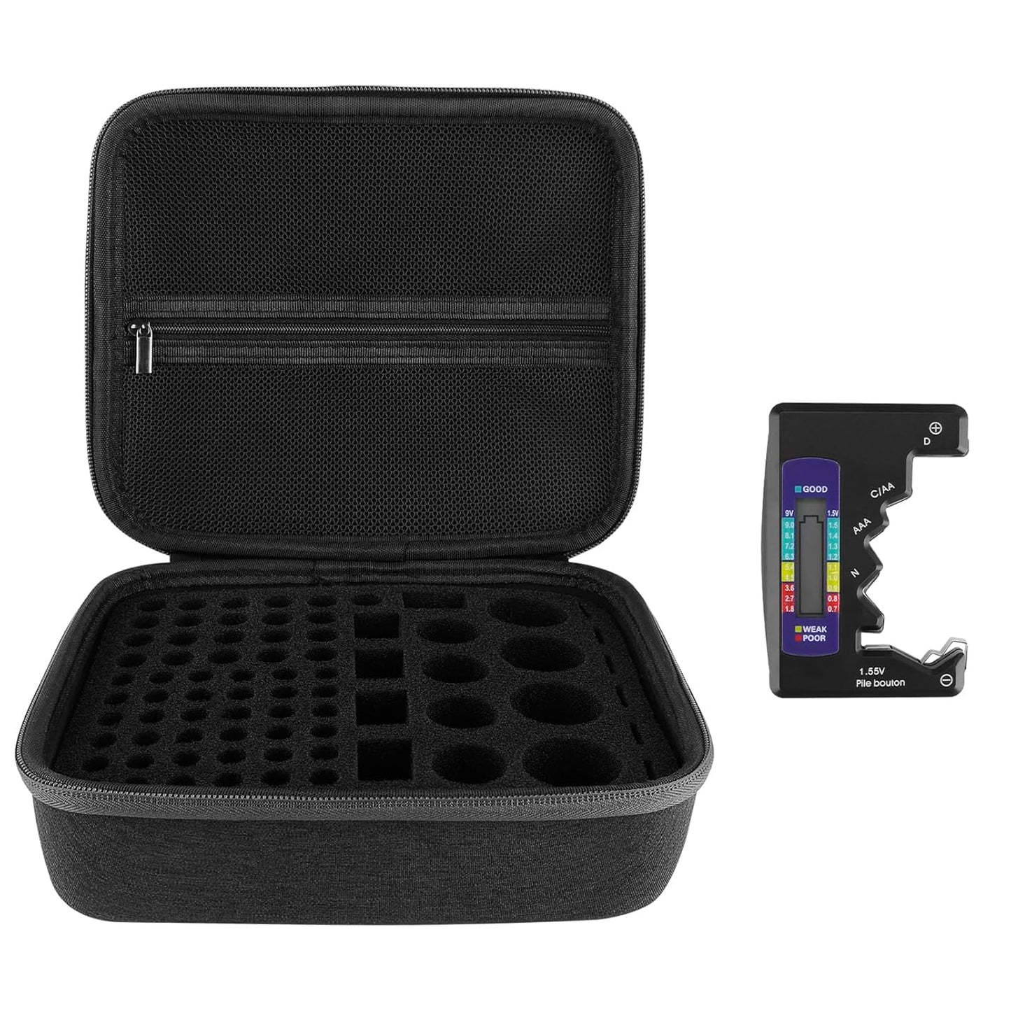 Linkidea Hard Battery Storage Container, Organizer Box with Tester BT-168, Safe Carrying Battery Case Holder - Holds 76 Various Sizes AA AAA 9V C D Batteries with Battery Tester