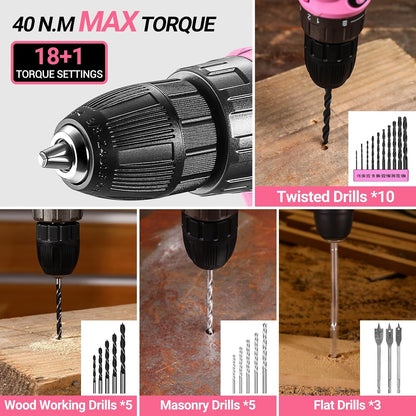 Cordless Drill Tool Kit Set: 20V Power Drill Tool Box with Battery Electric Drill Driver for Men Home Hand Repair Basic Toolbox Tools Sets Drills Case