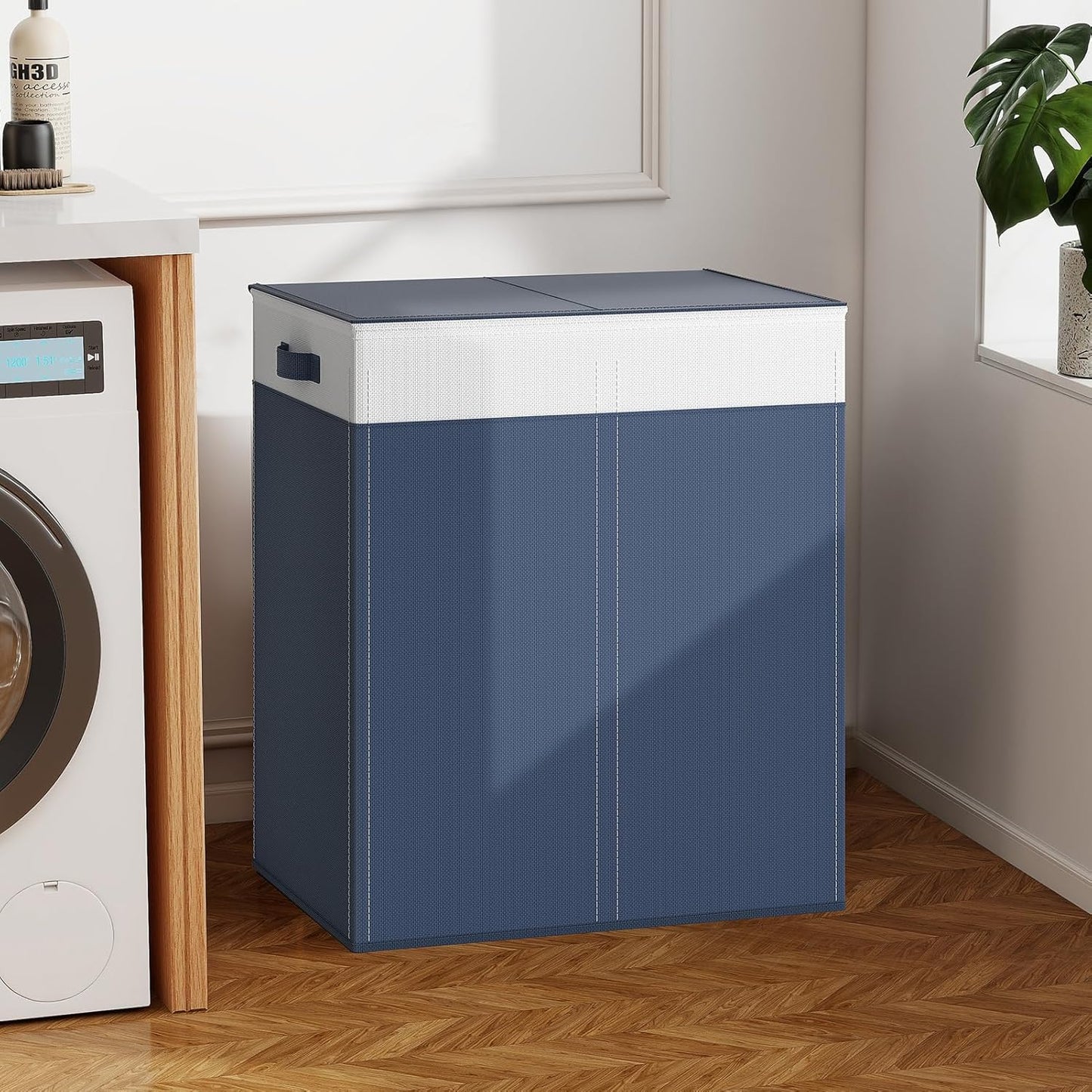 YECAYE 145L Double Laundry Hamper with Lid for Home, Dual Compartments hamper with Removable Bags, 2 Section Foldable Cloths Basket with lid, Double Cloths Basket with Color-Block Design