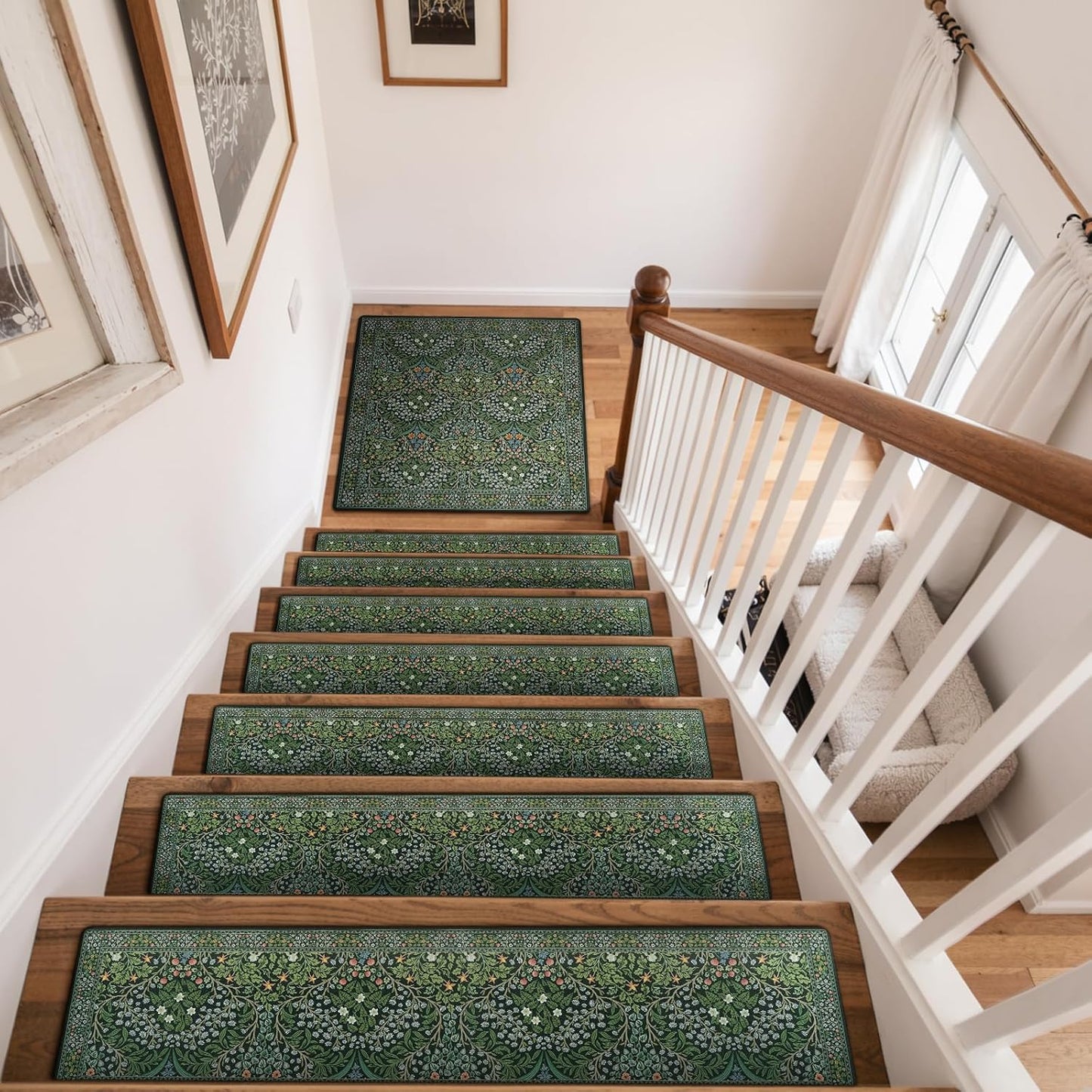 OJIA Floral Stair Treads Non-Slip Stair Runner for Wooden Steps Indoor 15PCS 30"x8" Carpet Stair Treads Stair Mats Staircase Step Treads for Kids, Elders and Dogs, Stair Covers, Black