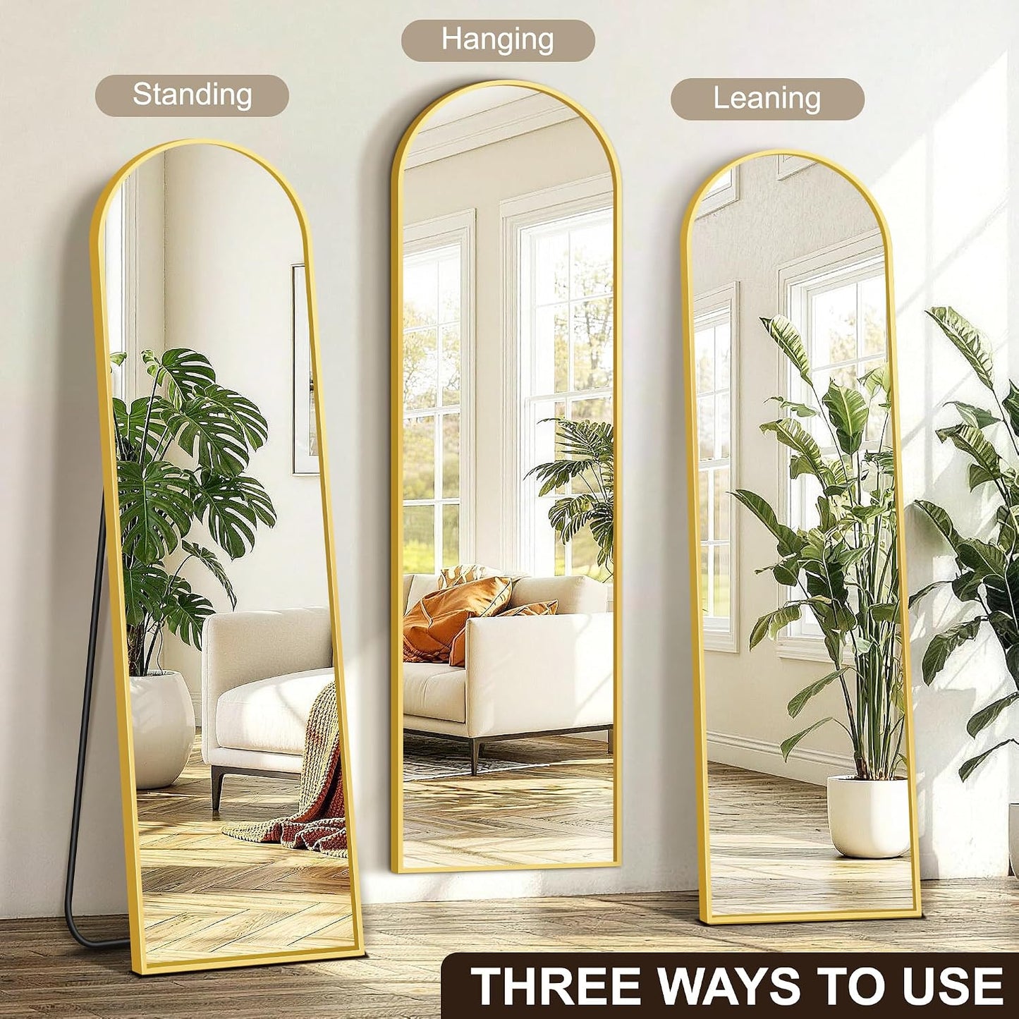 FICTOR Arched Full Length Mirror 15" x 56", Full Body Floor Mirror with Adjustable Stand, Free Standing Mirror with Aluminum Frame for Bedroom, Living Room, Cloakroom, Gold