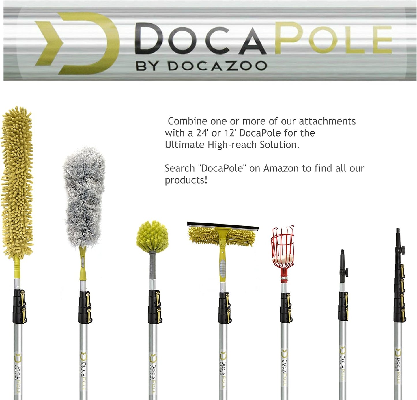 DOCAZOO DOCA Telescoping Pole 7-28 Ft - Extension Pole for Cleaning, Feather Duster, Window Washing Kit, Paint Roller, Window Squeegee - High Reach Extendable Kit for Indoor & Outdoor - Pole Only