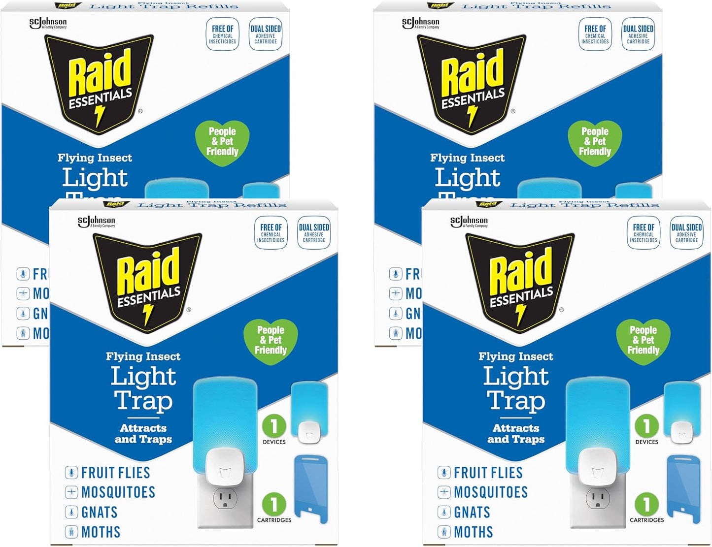 Raid Essentials Flying Insect Light Trap Starter Kit, 1 Plug-in Device + 1 Cartridge, Featuring Light Powered Attraction