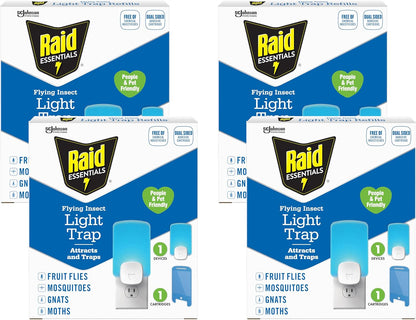 Raid Essentials Flying Insect Light Trap Starter Kit, 1 Plug-in Device + 1 Cartridge, Featuring Light Powered Attraction
