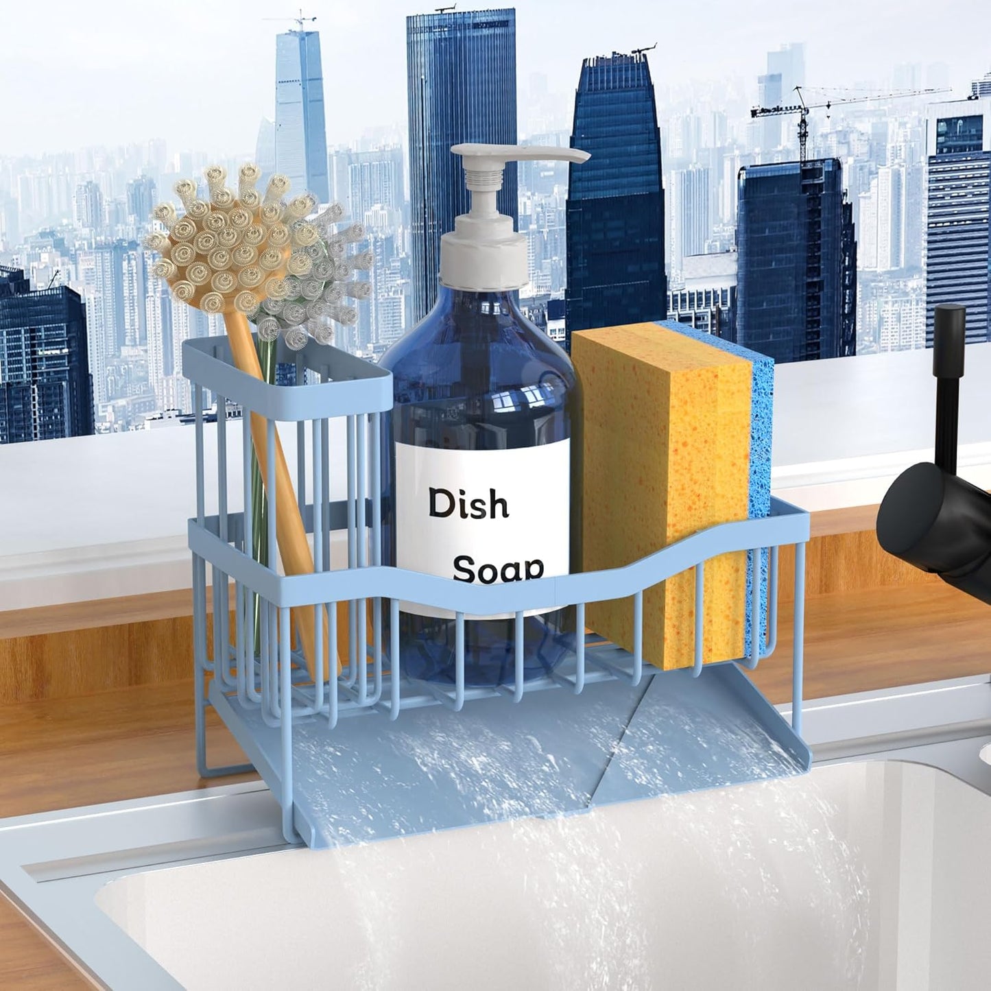 Maifan Sink Caddy Sponge Holder for Kitchen with Brush Holder and Stainless Steel Self Drain Tray, Rustproof Kitchen Sink Organizer for Sponge, Soap Dispenser Storage Accessories (Lacquer Silver)