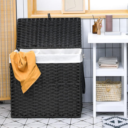 Giantex Laundry Hamper w/Wheels, 3 Section Hamper 125L w/2 Removable Liner Bags, Handwoven Rattan Divided Laundry Basket w/Lid and Handle for Laundry Sorter for Bathroom Bedroom (Brown)