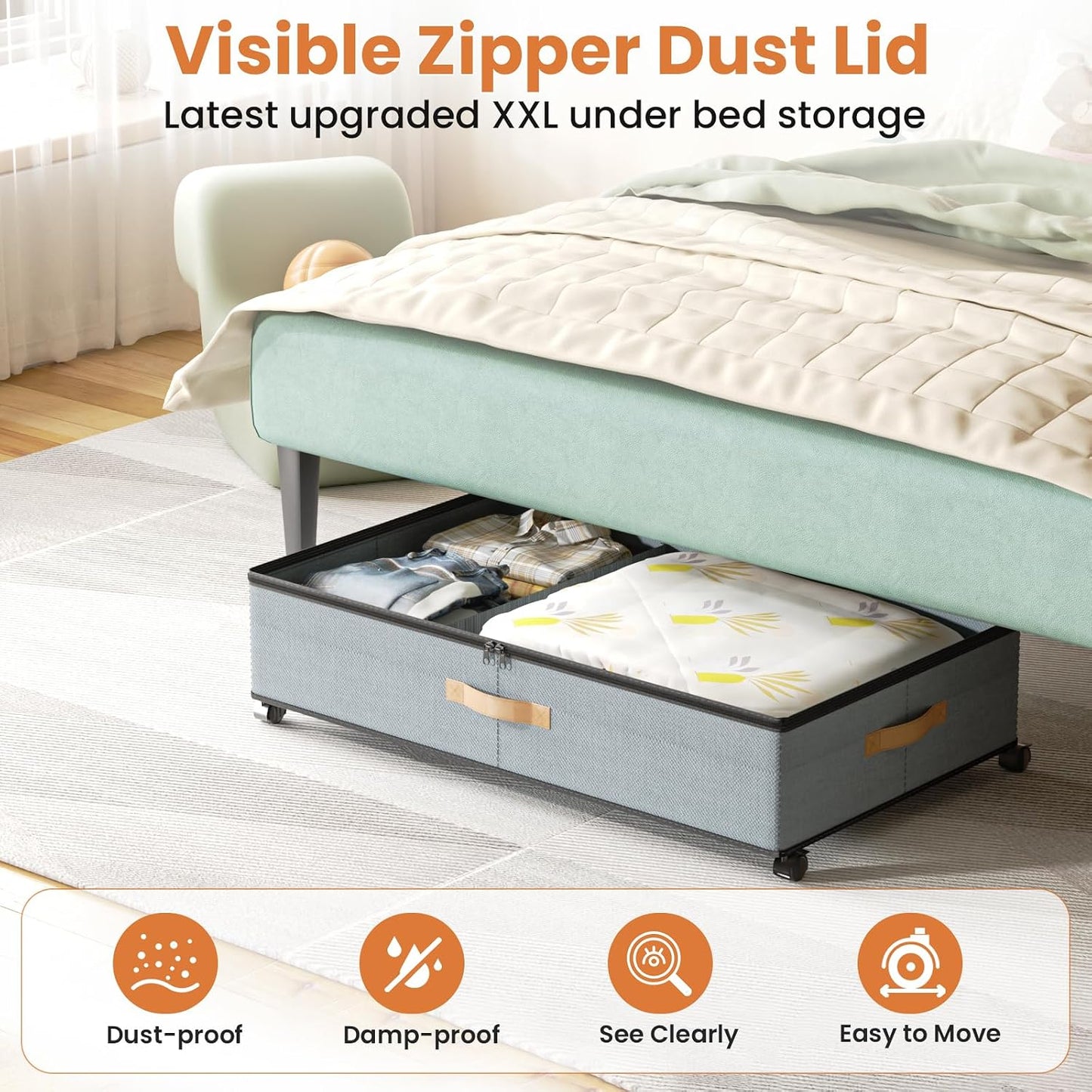 Storage Box,Under Bed Storage with Wheels 72L XXL Under the Bed Storage Containers Large, 10‘’ Tall Adjustable Storage for Underbed with Lids, Rolling for Shoes, Clothes, Blankets, Grey