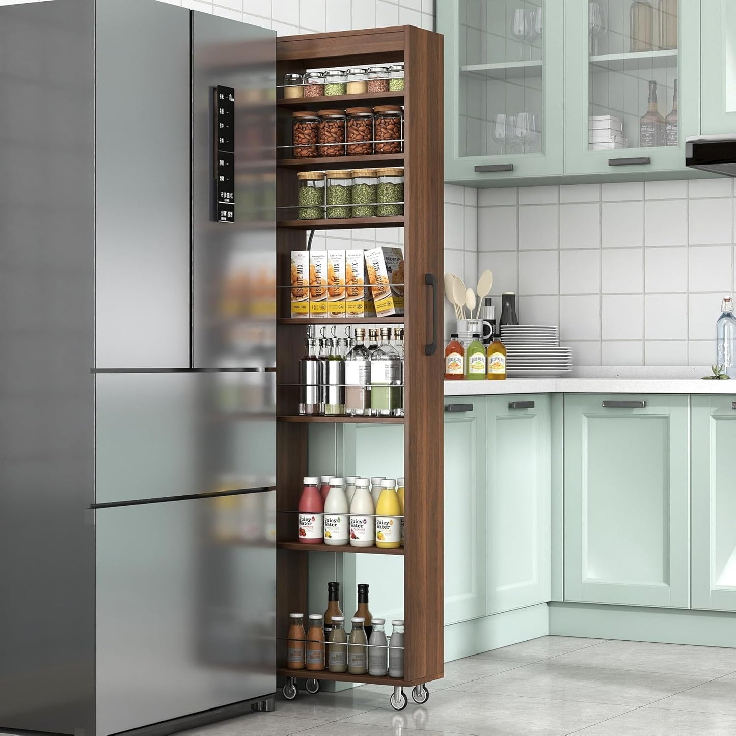 68'' Tall Narrow Storage Cabinet with Handle & Wheels, 7 Tier Pull-Out Kitchen Pantry Cart, Rolling Slim Freestanding Organizers Shelf Spice Rack for Small Spaces (White-Wheels, 7 Tier)