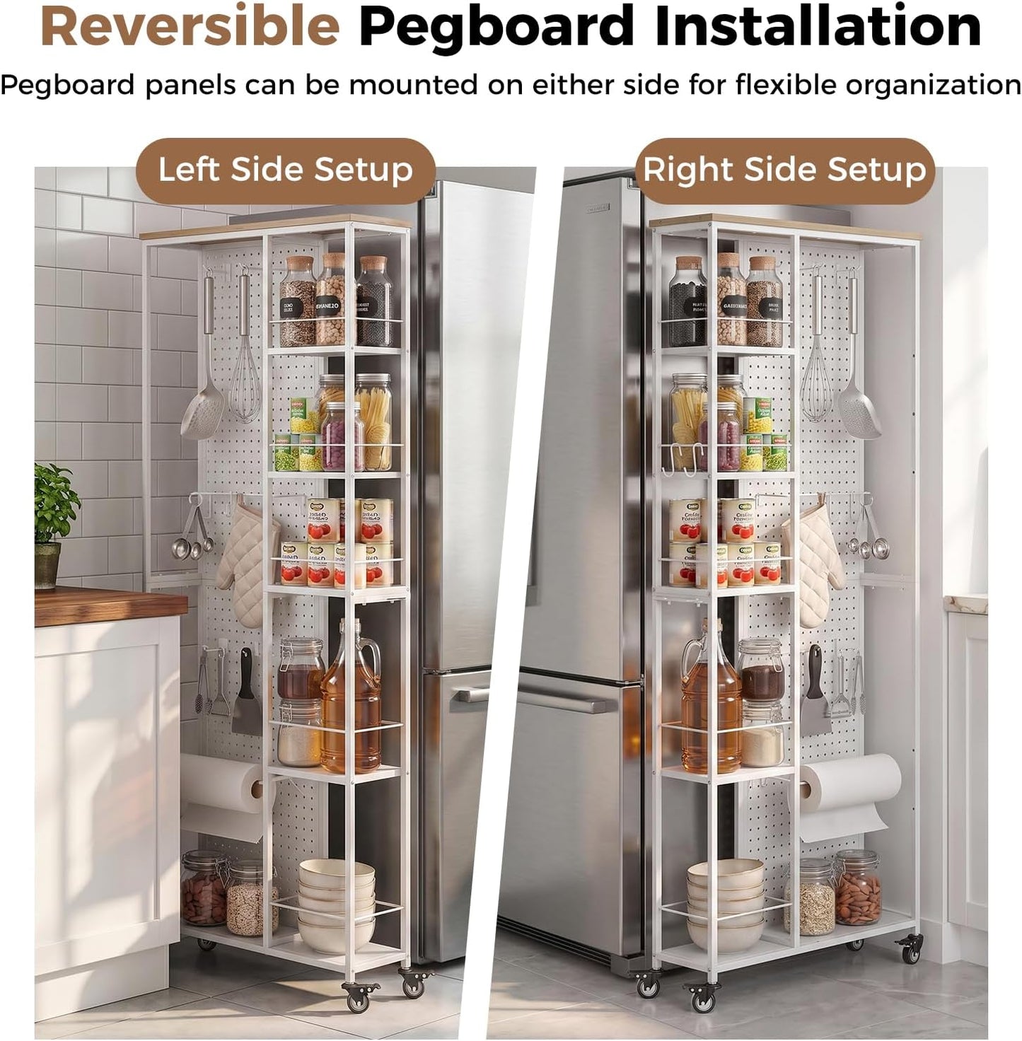 Slim Rolling Storage Cart, 8.3 Inch Narrow Storage Cart with Wheels, Pegboard & 5 Tier Shelves, Mobile Slim Storage Rack Next to Fridge for Kitchen, Laundry, White