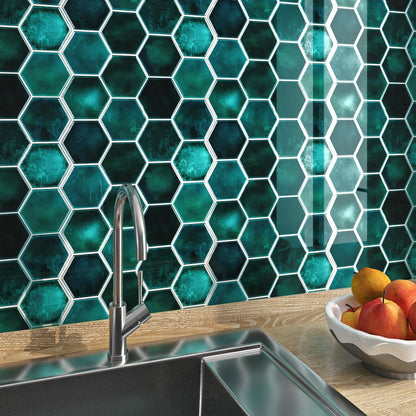FunStick Dark Green Peel and Stick Backsplash Tile Stickers for Kitchen 12"x12" 3D Hexagon Self Adhesive Wall Tiles Peel and Stick Backsplash Stick on Tile for Bathroom Shower RV Waterproof 5 Sheets