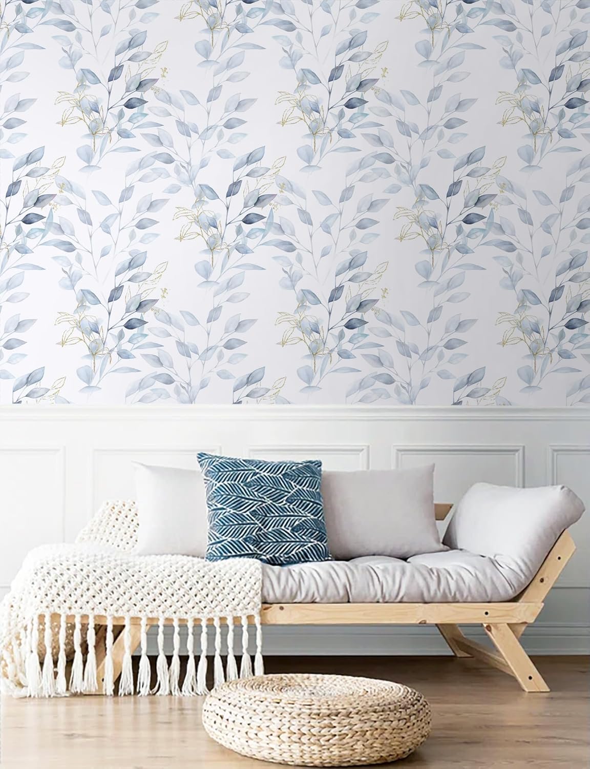 HeloHo Peel and Stick Wallpaper Blue Floral Leaf Wall Paper Self Adhesive Removable Thicken Waterproof Contact Paper for Bathroom Bedroom Living Room Decor Renter Friendly Wallpaper 15.35" X 78.7"