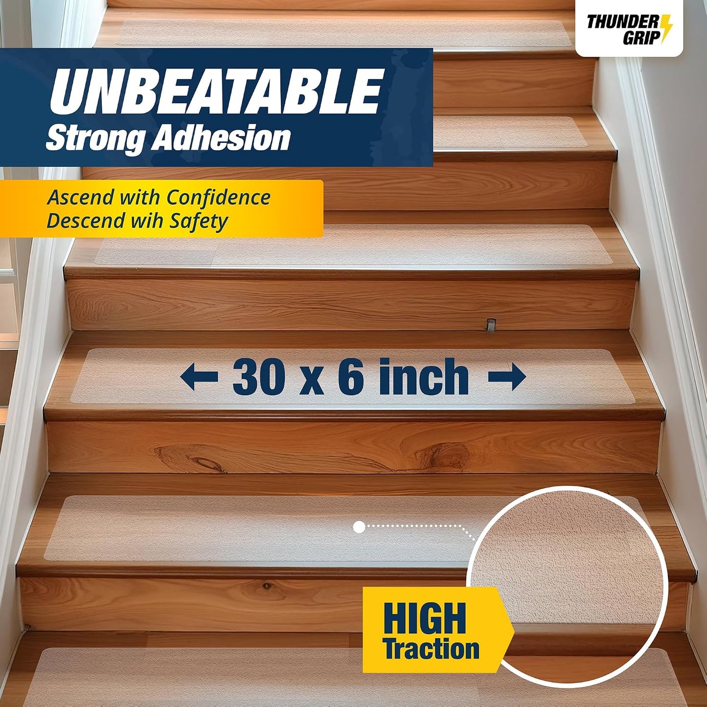 Clear Stair Treads Non-Slip 24"x4" - 18-Pack Indoor Stair Grips Non Slip for Wooden Steps - Anti Slip Adhesive Strips for Dogs & Elderly - Staircase Step Treads - Transparent Treads for Wood Stairs