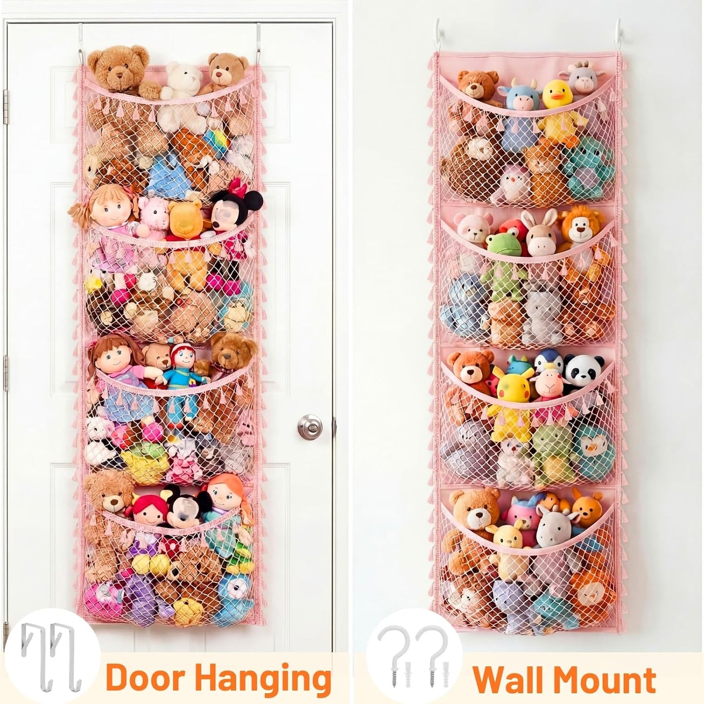 Ofiray-home Cotton Over The Door Stuffed Animal Storage | Toy Organizer for Storage Plush Toys, Stuffed Animal Holder with 4 Large Pockets, Hanging Door Organizer for Nursery