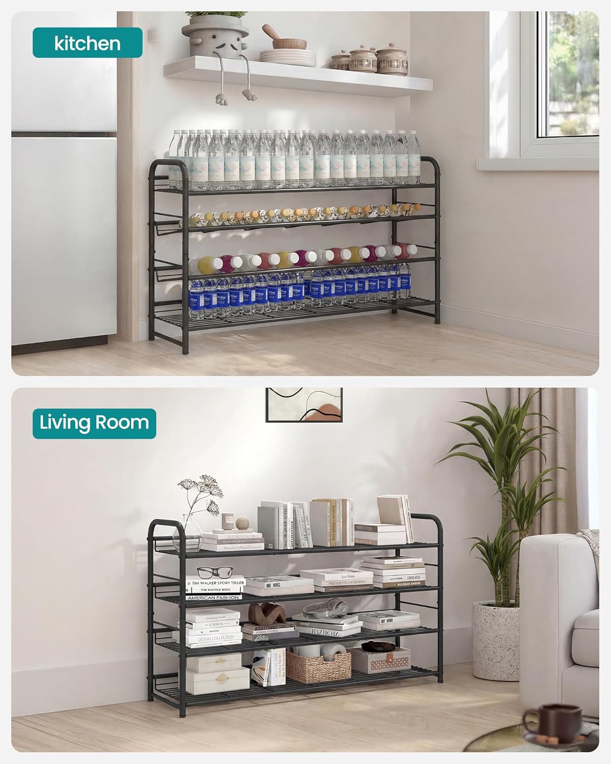 SONGMICS Stackable Shoe Rack, 4 Tier Metal Shoes Rack Storage Shelf, Holds up to 16 Pairs Shoes, Adjustable Slanted Shelves Shoe Tower Organizer for Closet Entryway Small Spaces, Black