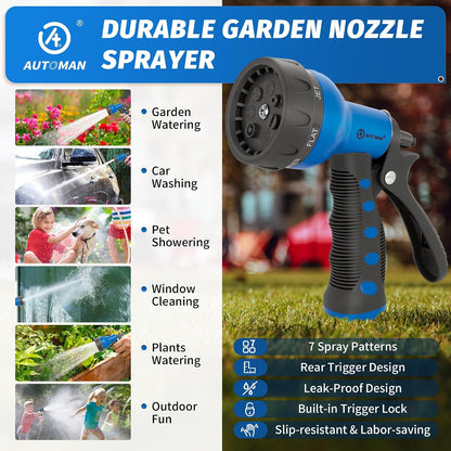 AUTOMAN Garden Hose Nozzle - 2 Pack, 100% Metal High Pressure Spray Nozzle, Labor-Saving Design, Heavy Duty for Garden Watering, Car Washing, Window Cleaning, Pets Bathing