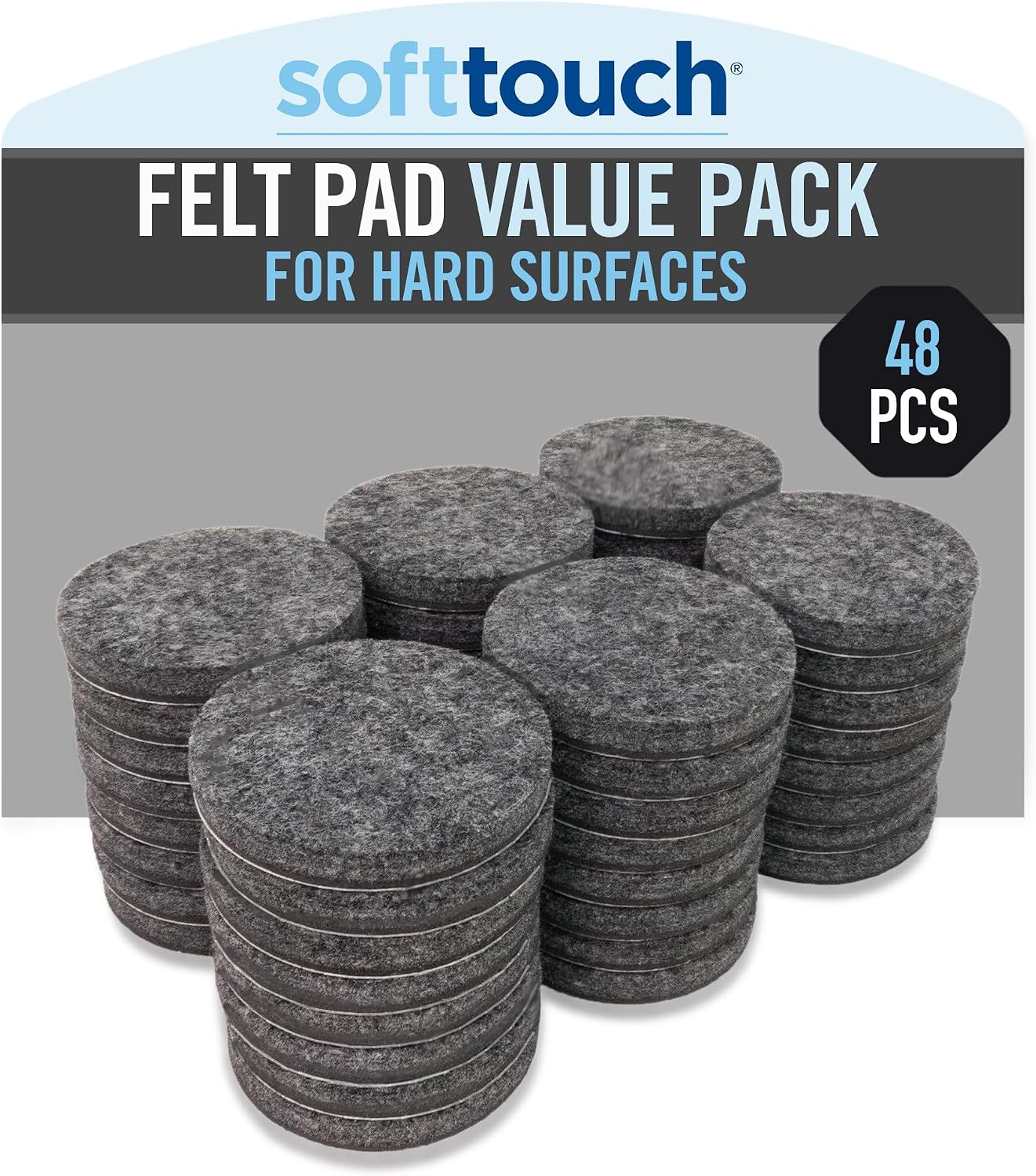 SoftTouch 1.5" Round Reusable Felt Furniture Sliders for Hard Surfaces, Noise-Reducing Adhesive Moving and Protective Pads for Cabinets, Chairs, Tables & Decorative Items Set of 48, Brown
