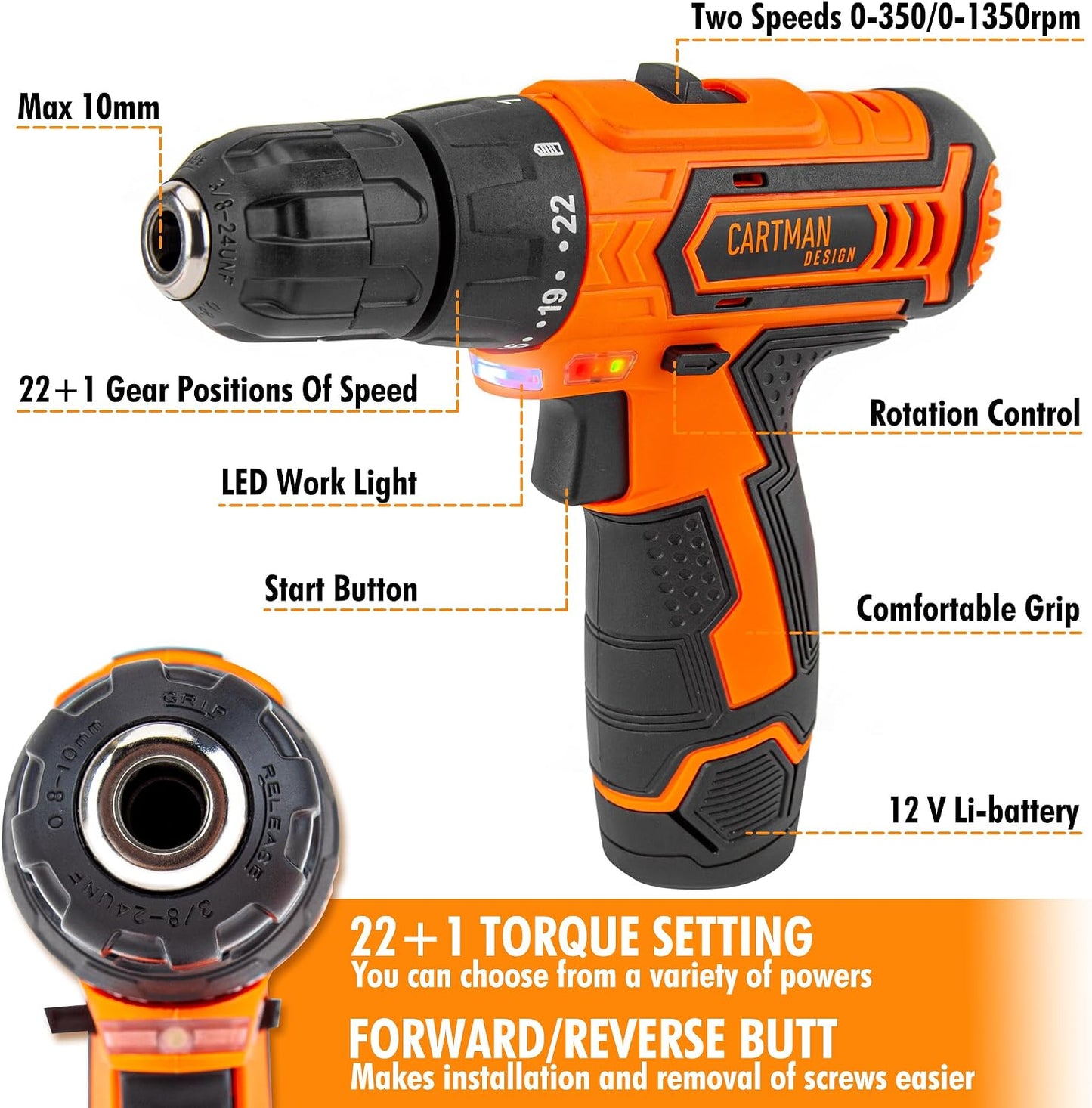 CARTMAN Orange 198-Piece 12V Cordless Drill Tool Combo Kit | Complete DIY repair tools for home, office & garden maintenance, professional household tool set with robot style storage box