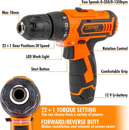 CARTMAN Orange 198-Piece 12V Cordless Drill Tool Combo Kit | Complete DIY repair tools for home, office & garden maintenance, professional household tool set with robot style storage box