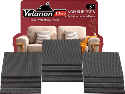 Yelanon Non Slip Furniture Pads -12pcs 4" Furniture Grippers Hardwood Floors, Non Skid for Furniture Legs,Self Adhesive Rubber Feet, Anti Slide Furniture Floors Protectors for Keep Couch Stoppers