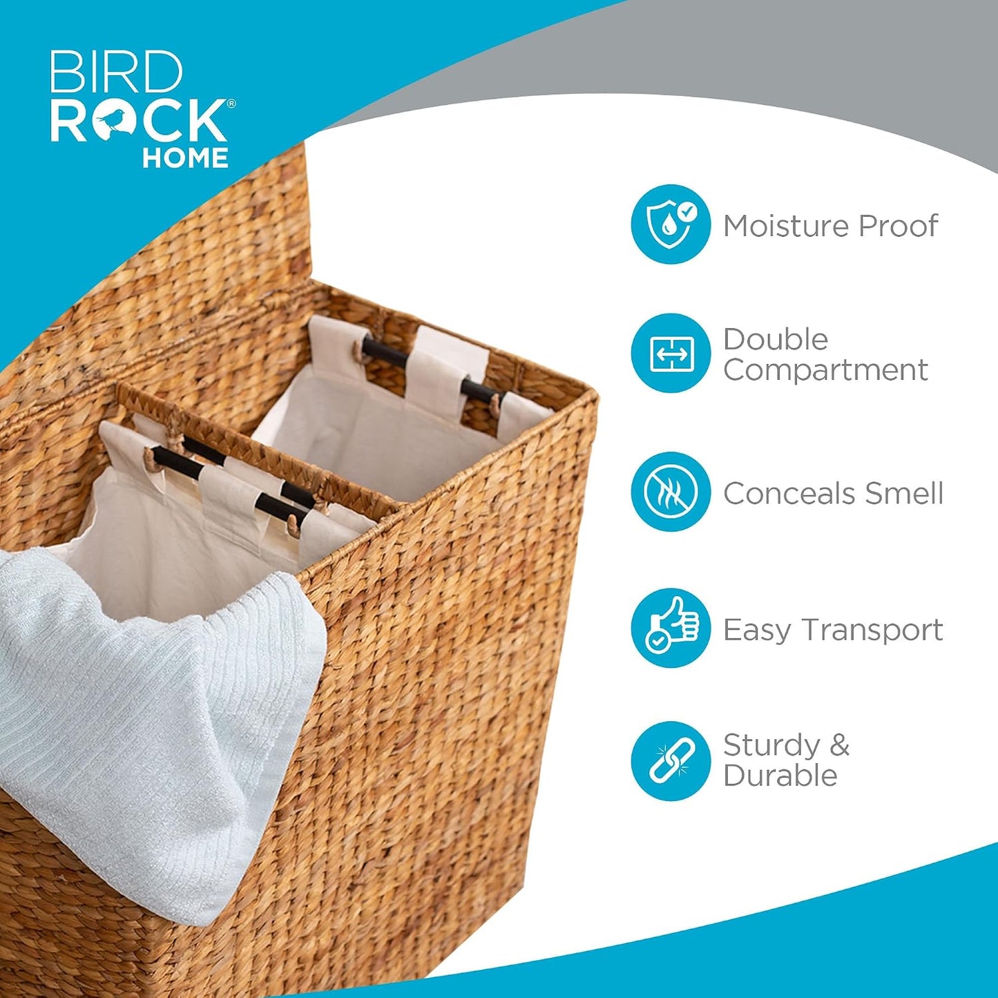 BirdRock Home Water Hyacinth Laundry Hamper Divided Interior (Espresso) | Eco-Friendly | Made of Hand Woven Hyacinth Fibers | Includes Two Removable Cotton Liners Bag | Wicker Laundry Basket with Lid