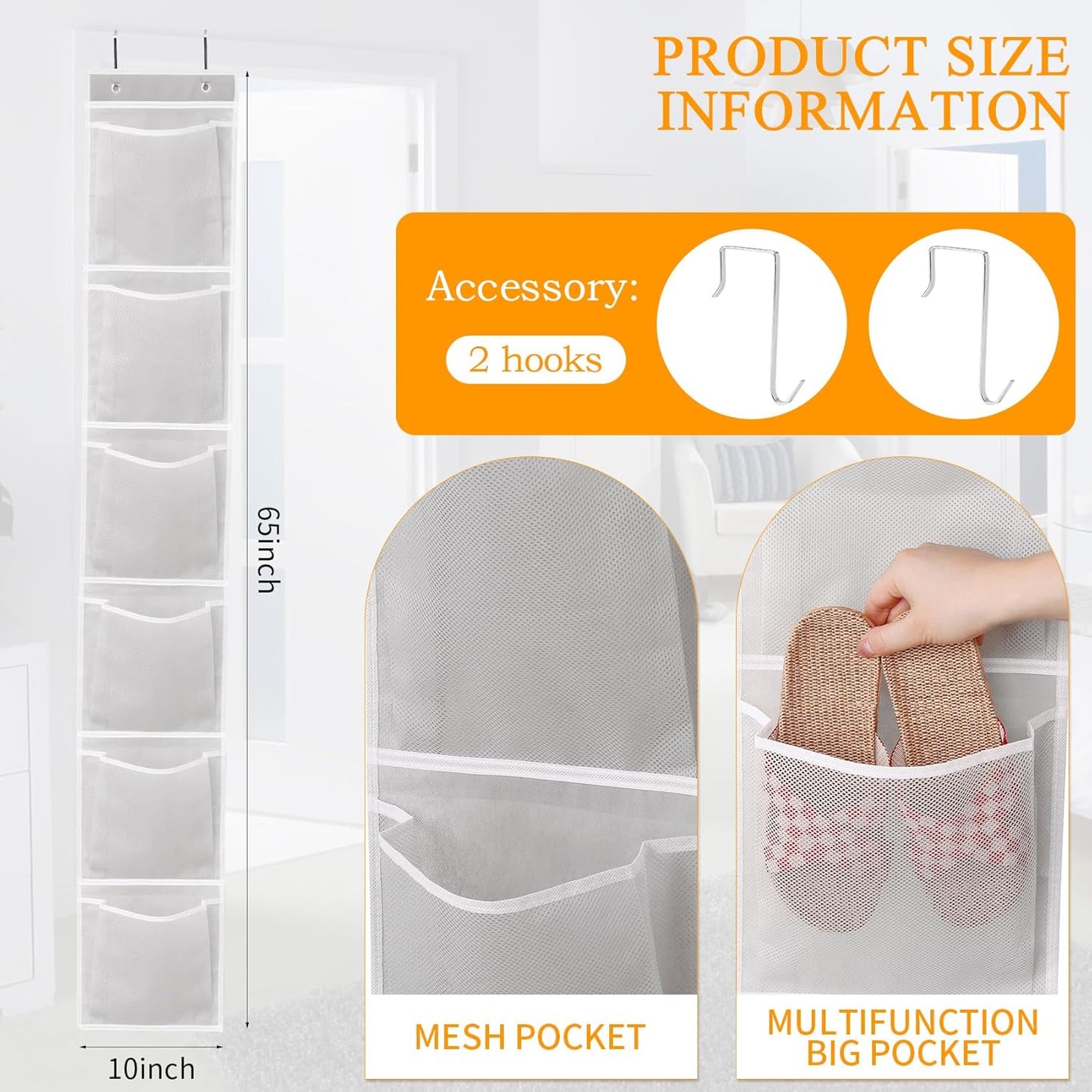 GOMAJI 6 Large Breathable Mesh Pockets, Over The Door Shoe Organizer, Boots Hanging Storage Shoe Rack for Closet, Accessories - - Gray