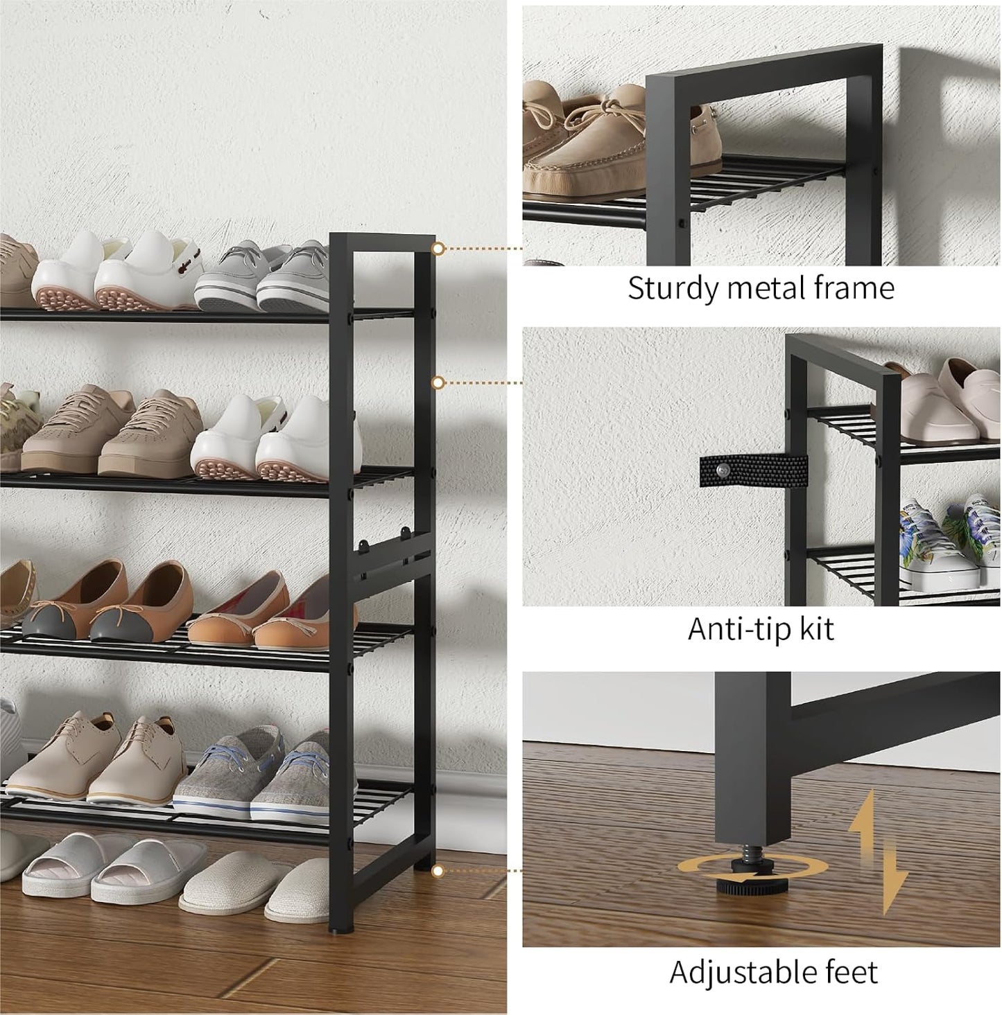 Stackable Shoe Rack, 6 Tier Metal Shoes Rack Storage Organizer,Large Capacity Shoe Shelf Max Holds 30 Pairs of Shoes,Sturdy and Stable, for Closet, Entryway,Garage，Black