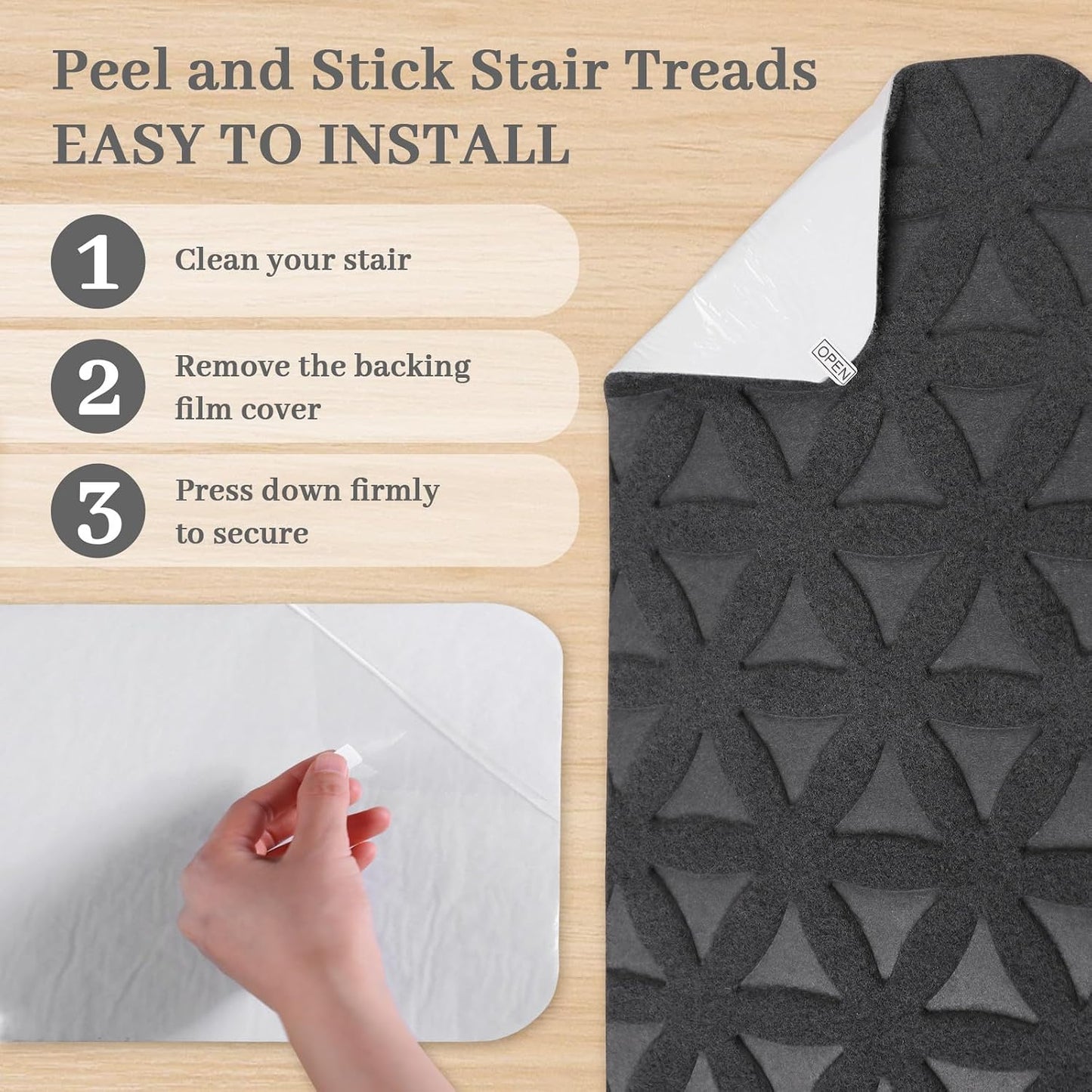 RIOLAND Stair Treads Carpet Non-Slip Indoor Stair Runners for Wooden Steps, Stair Rugs for Kids and Dogs, Set of 15, 8" X 30", Gray