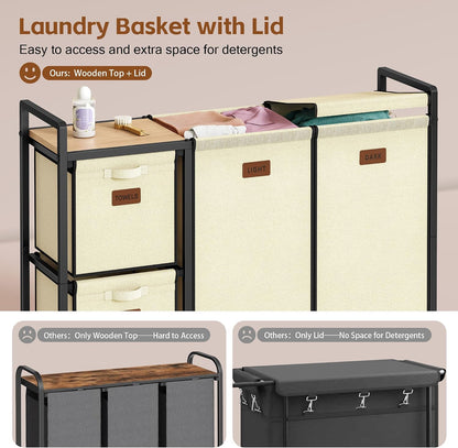 Hoctieon 4 Section Laundry Cart, 48 Gal. (182L) Laundry Hamper with Lid, Laundry Basket with Wheels, Rolling Laundry Sorter Organizer with Shelf, Clothes Separator with Removable Bags, Black